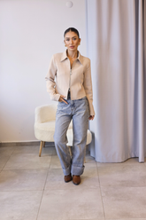 Bej Vatkalı Fermuarlı Ceket