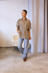 Kahverengi Camel Çizgili Oversize Gömlek
