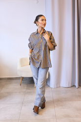 Lacivert Camel Çizgili Oversize Gömlek