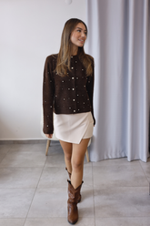 Kahverengi Sakallı İnci Düğmeli Hırka