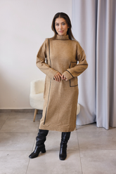 Karamel Siyah Şerit Detaylı Triko Tunik Elbise