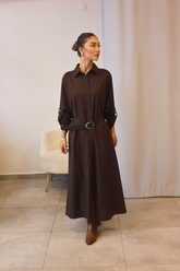 Acı Kahve Kemerli Gömlek Elbise