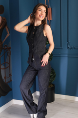 Çizgili Yelekli Kot Takım