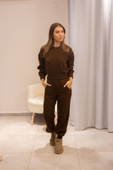 Kahverengi Ribanalı Triko Takım