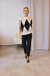 Krem Siyah Baklava Desen Sakallı Triko Süveter