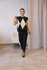 Siyah Krem Baklava Desen Sakallı Triko Süveter