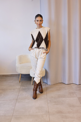 Krem Kahverengi Baklava Desen Sakallı Triko Süveter