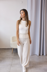 Ekru Yüksek Bel Triko Pantolon