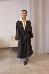 Antrasit Bordo Çizgili Kuşaklı Uzun Trençkot