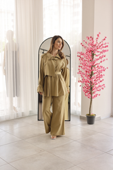 Yağ Yeşili Trenç Stil Kuşaklı Takım