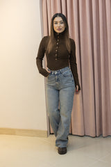 Kahverengi Ottoman Düğmeli Fit Bluz