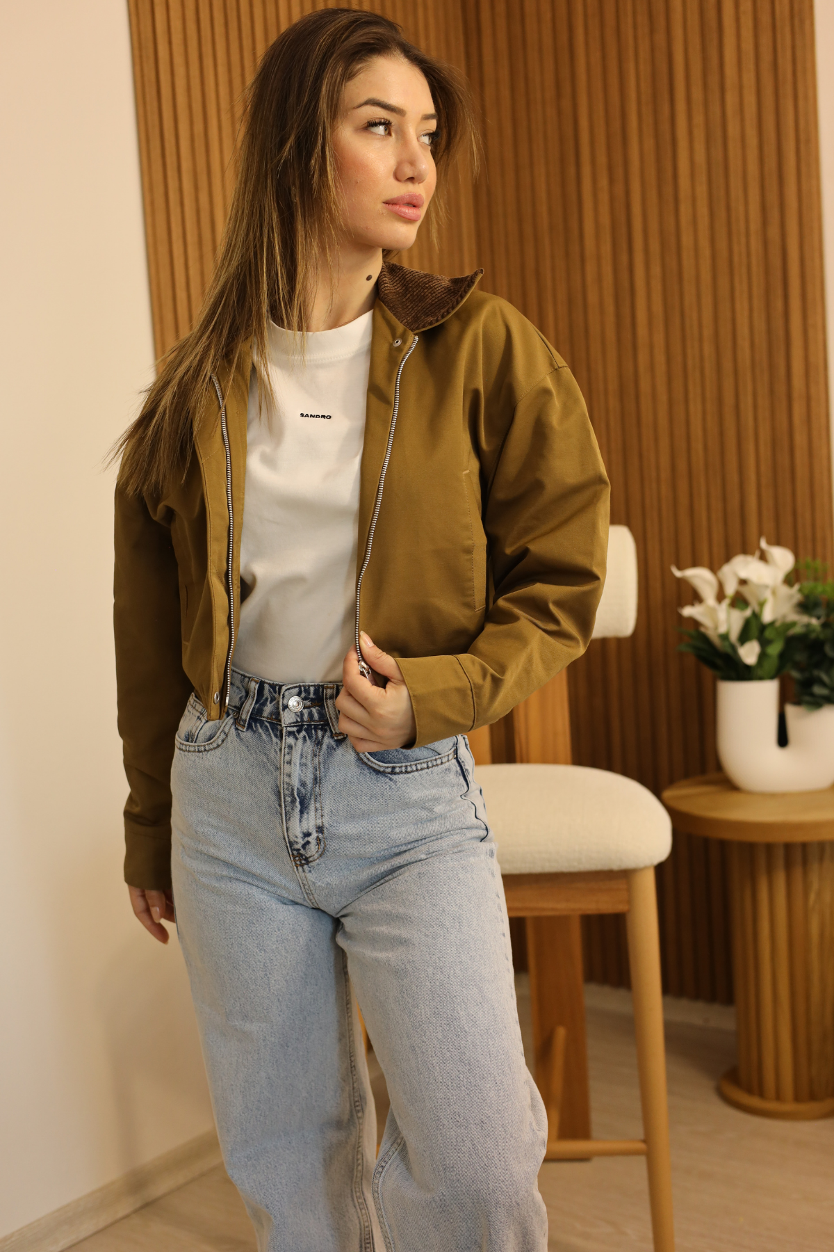 Yağ Yeşili Kadife Yaka Crop Ceket