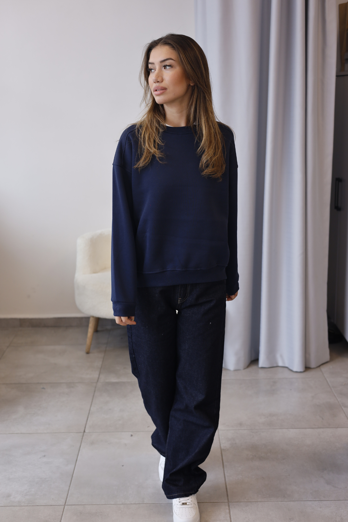 Lacivert Bisiklet Yaka Oversize Sweatshirt