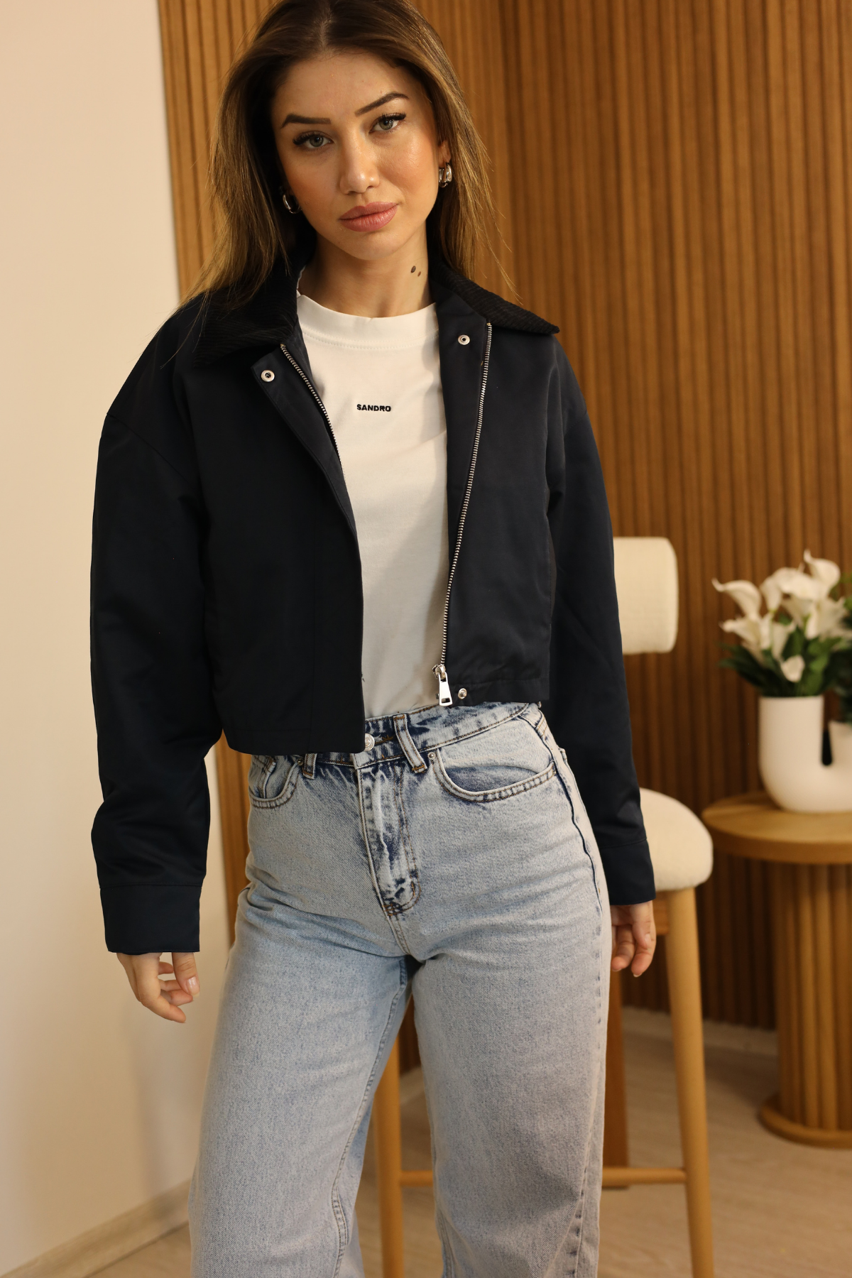 Lacivert Kadife Yaka Crop Ceket