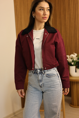 Bordo Kadife Yaka Crop Ceket