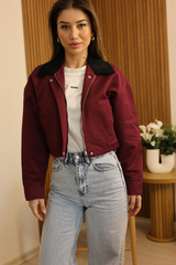 Bordo Kadife Yaka Crop Ceket