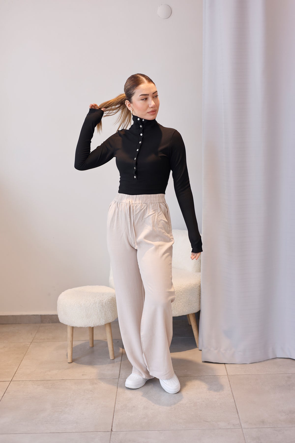 Bej Dökümlü Tensel Kumaş Pantolon