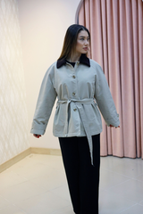 Taş Kadife Yakalı Kuşaklı Mont