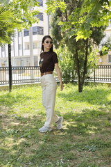 Ekru Yüksek Bel Keten Pantolon