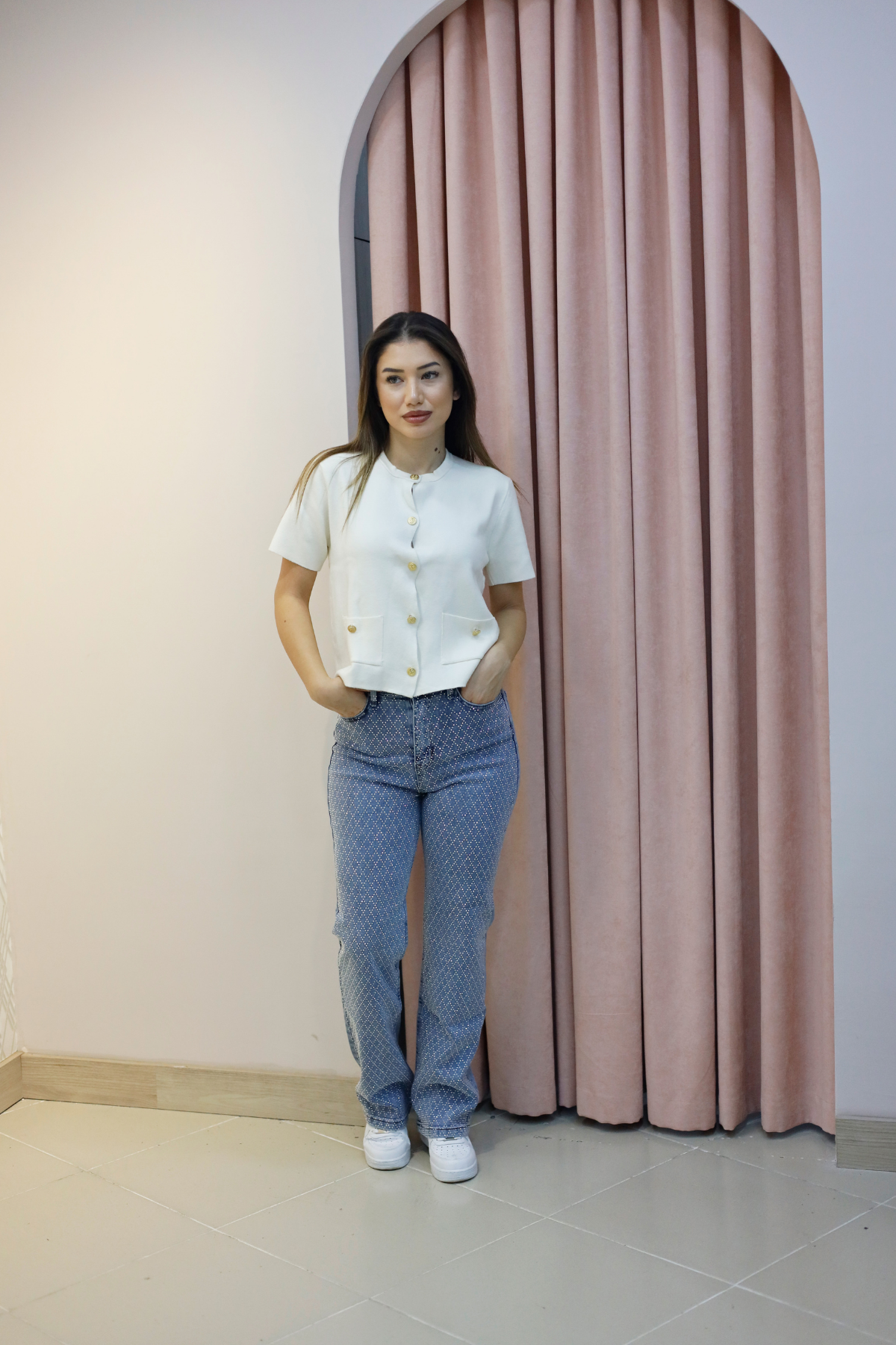 Yüksek Bel Taşlı Düz Paça Jean