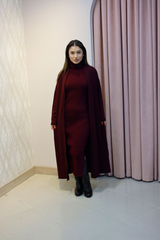 Bordo Triko Elbise Ve Uzun Hırka Takım