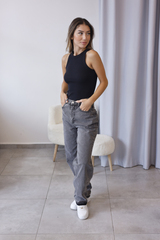 Antrasit Yüksek Bel Mom Jean