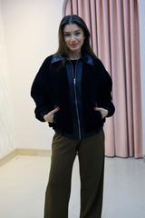 Siyah Fermuarlı Peluş Oversize Mont