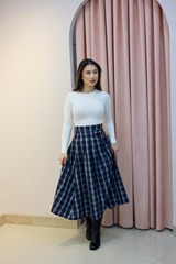 Yüksek Bel Kareli Midi Etek