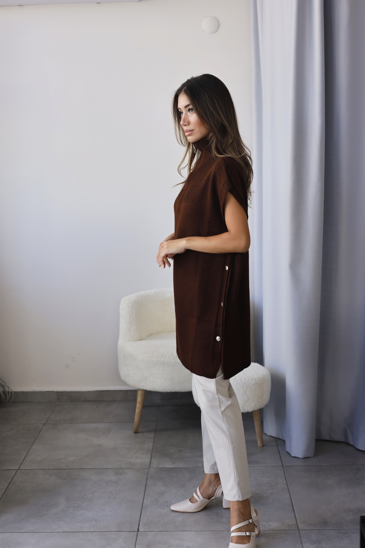Acı Kahve Triko Detaylı Yarım Kol Tunik