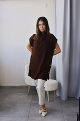Acı Kahve Triko Detaylı Yarım Kol Tunik