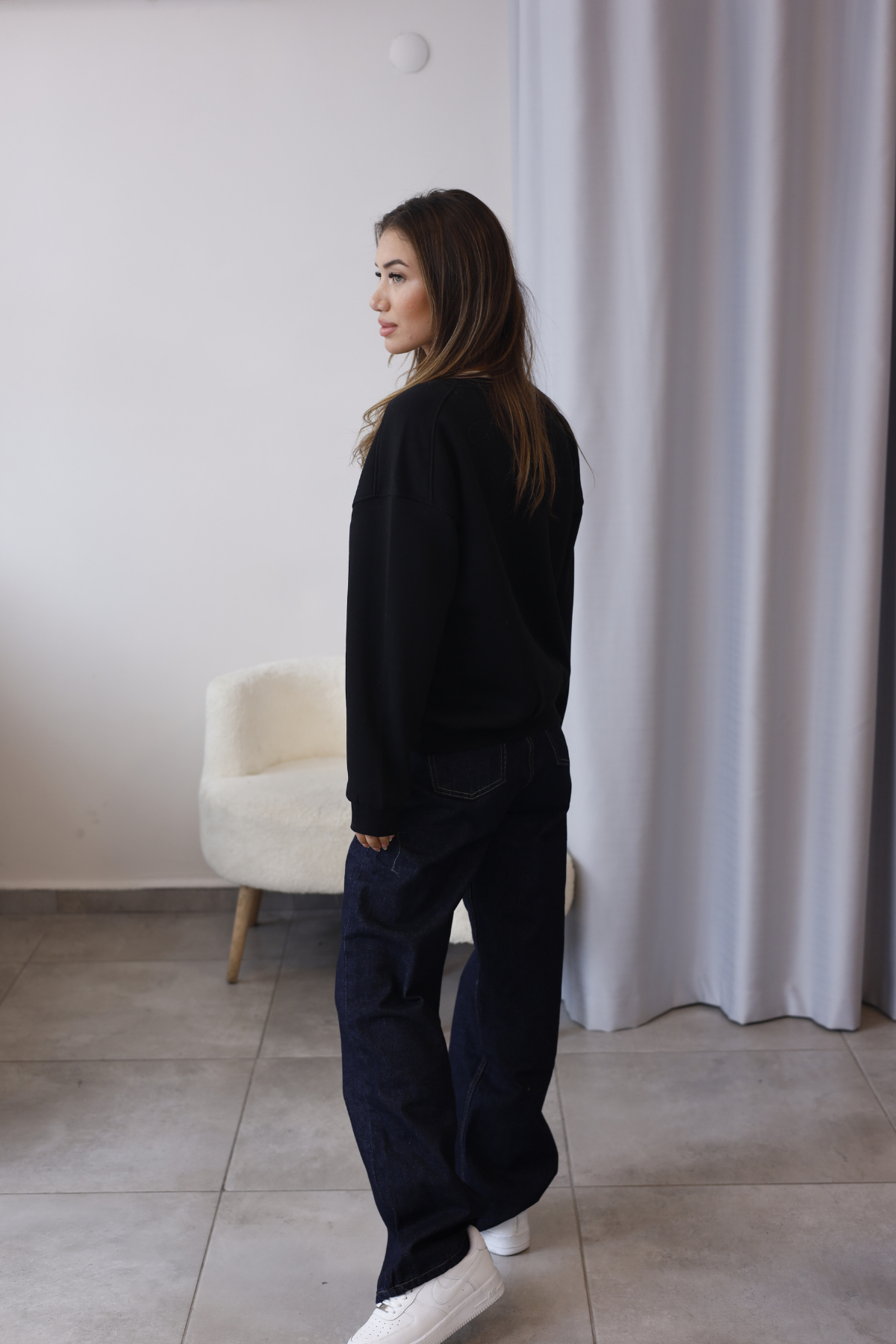 Siyah Bisiklet Yaka Oversize Sweatshirt