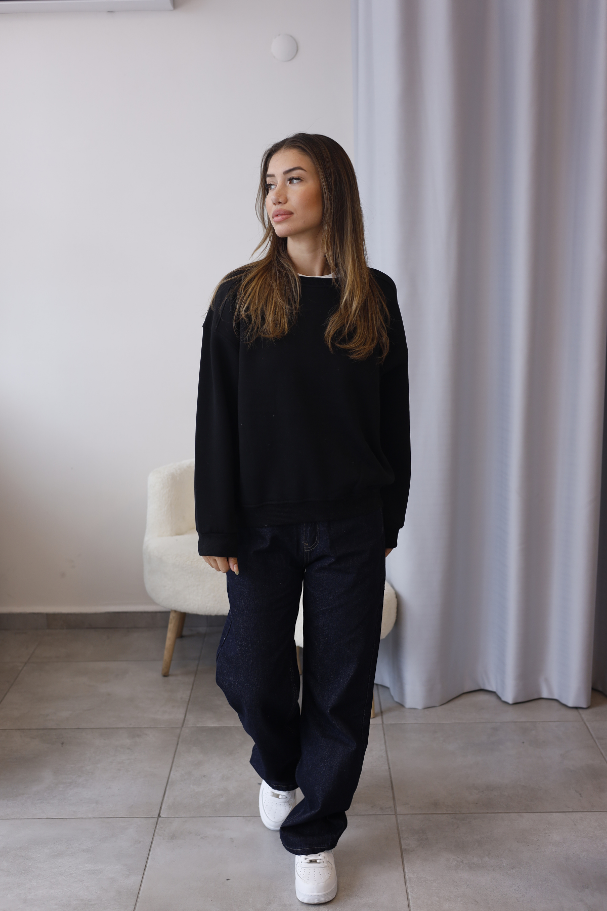 Siyah Bisiklet Yaka Oversize Sweatshirt