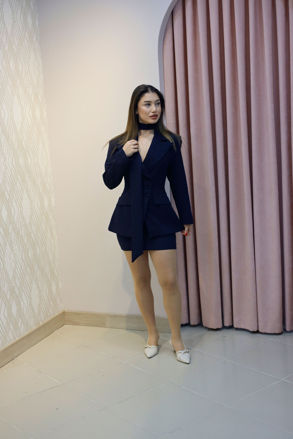 Lacivert Kuşak Detaylı Blazer Ceket Mini Etek Takım