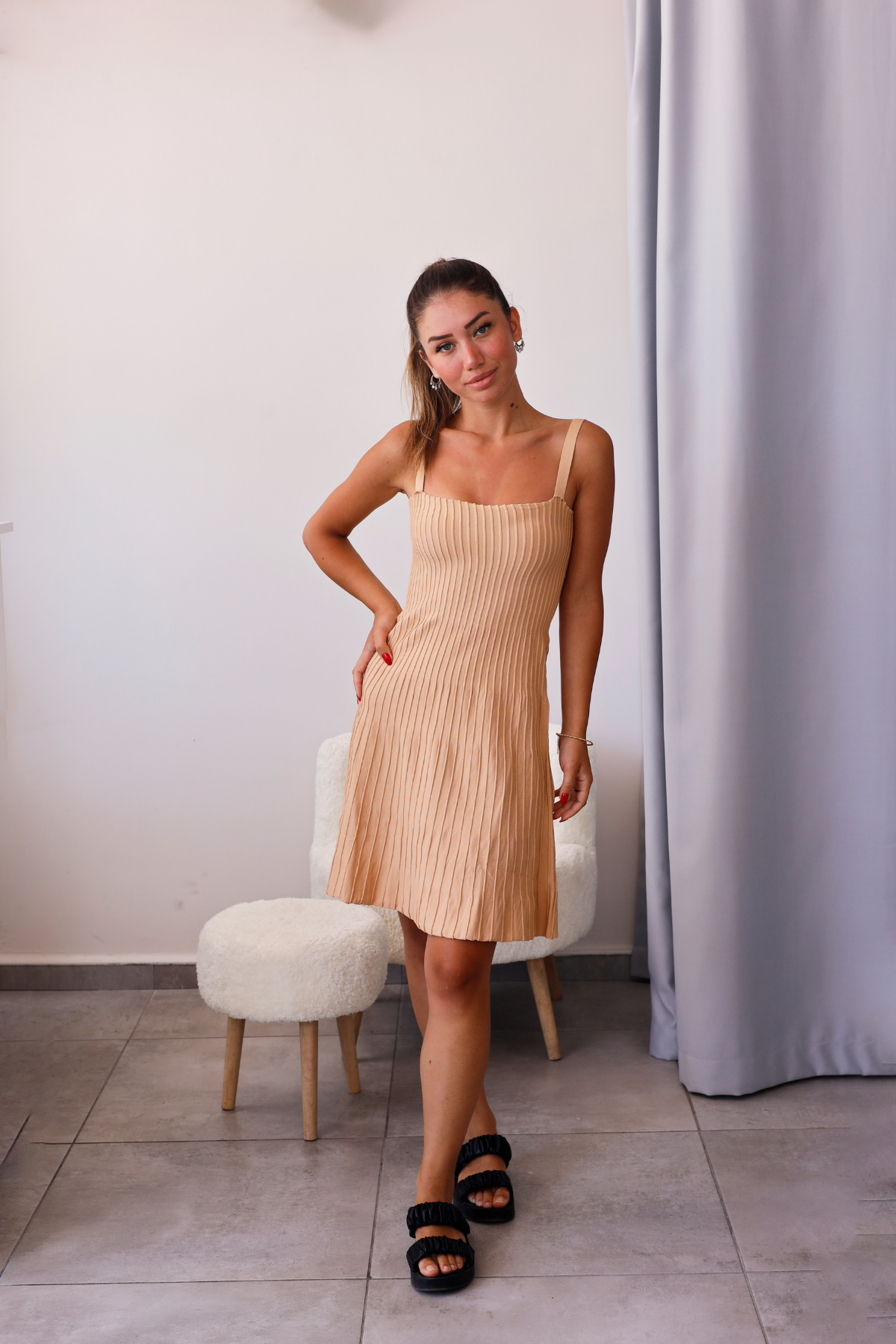 Camel Fitilli Triko Elbise