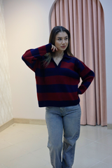 Polo Yaka Bordo Çizgili Oversize Triko Kazak