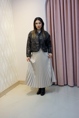 Krem Beli Lastikli Uzun Pileli Etek