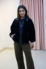 Siyah Fermuarlı Peluş Oversize Mont