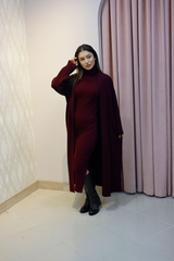 Bordo Triko Elbise Ve Uzun Hırka Takım