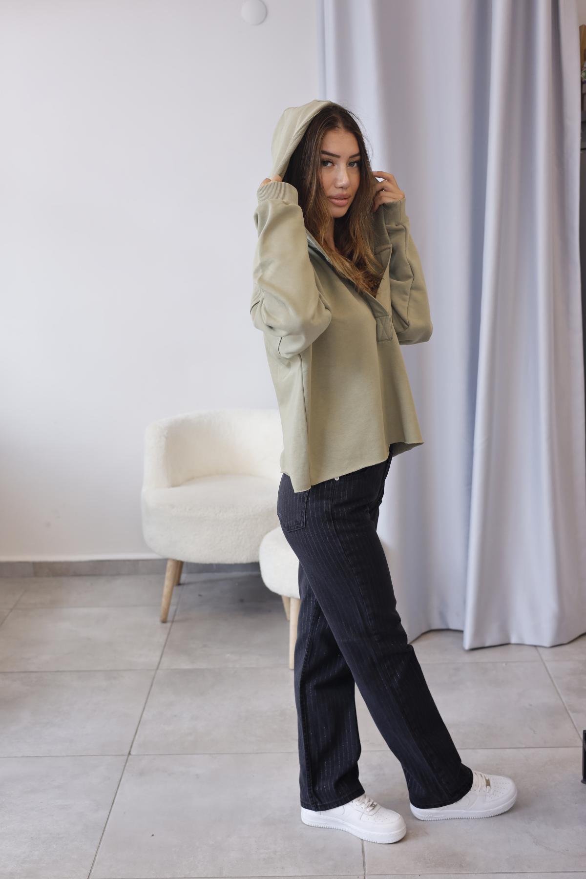 Küf Yeşili Kapüşonlu Oversize Sweatshirt