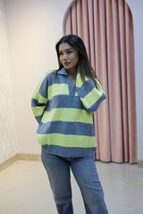 Polo Yaka Sarı Çizgili Oversize Triko Kazak