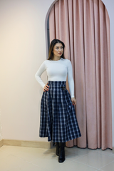 Yüksek Bel Kareli Midi Etek