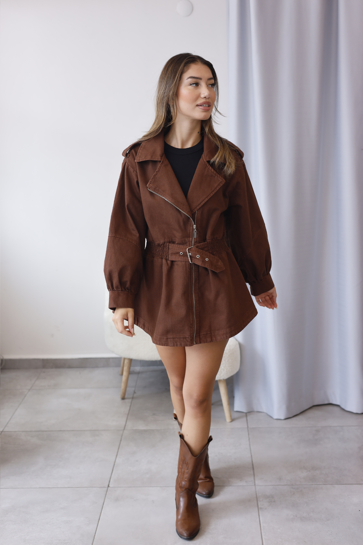 Kahverengi Kemerli Oversize Ceket