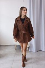 Kahverengi Kemerli Oversize Ceket