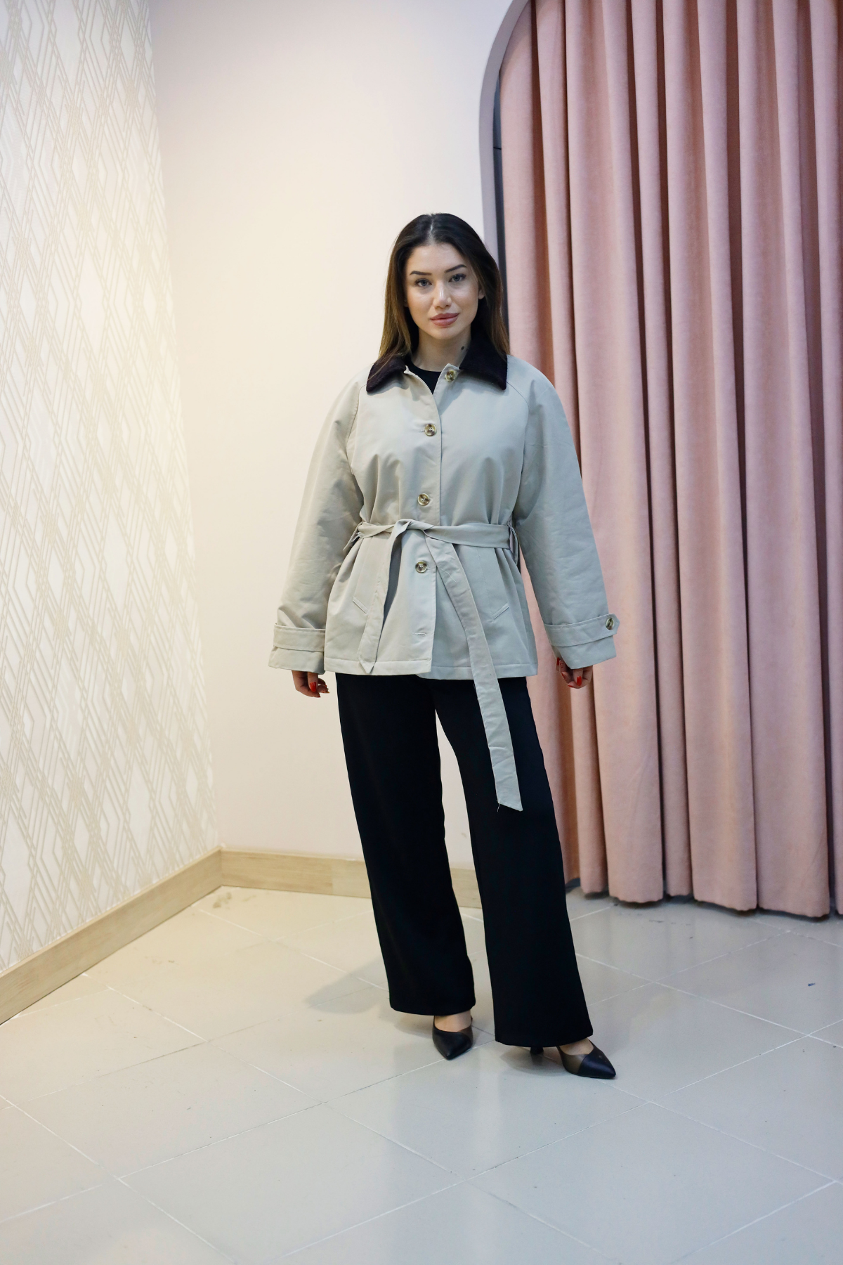 Taş Kadife Yakalı Kuşaklı Mont