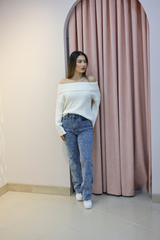 Desenli Taş İşlemeli Düz Paça Jean