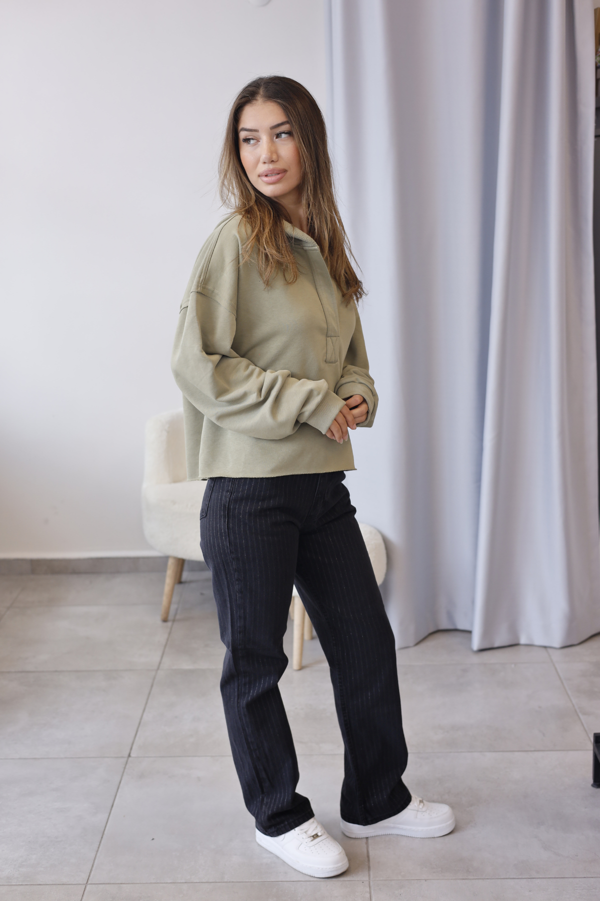 Küf Yeşili Kapüşonlu Oversize Sweatshirt