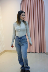 Krem Ottoman Düğmeli Fit Bluz