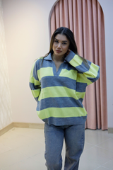 Polo Yaka Sarı Çizgili Oversize Triko Kazak