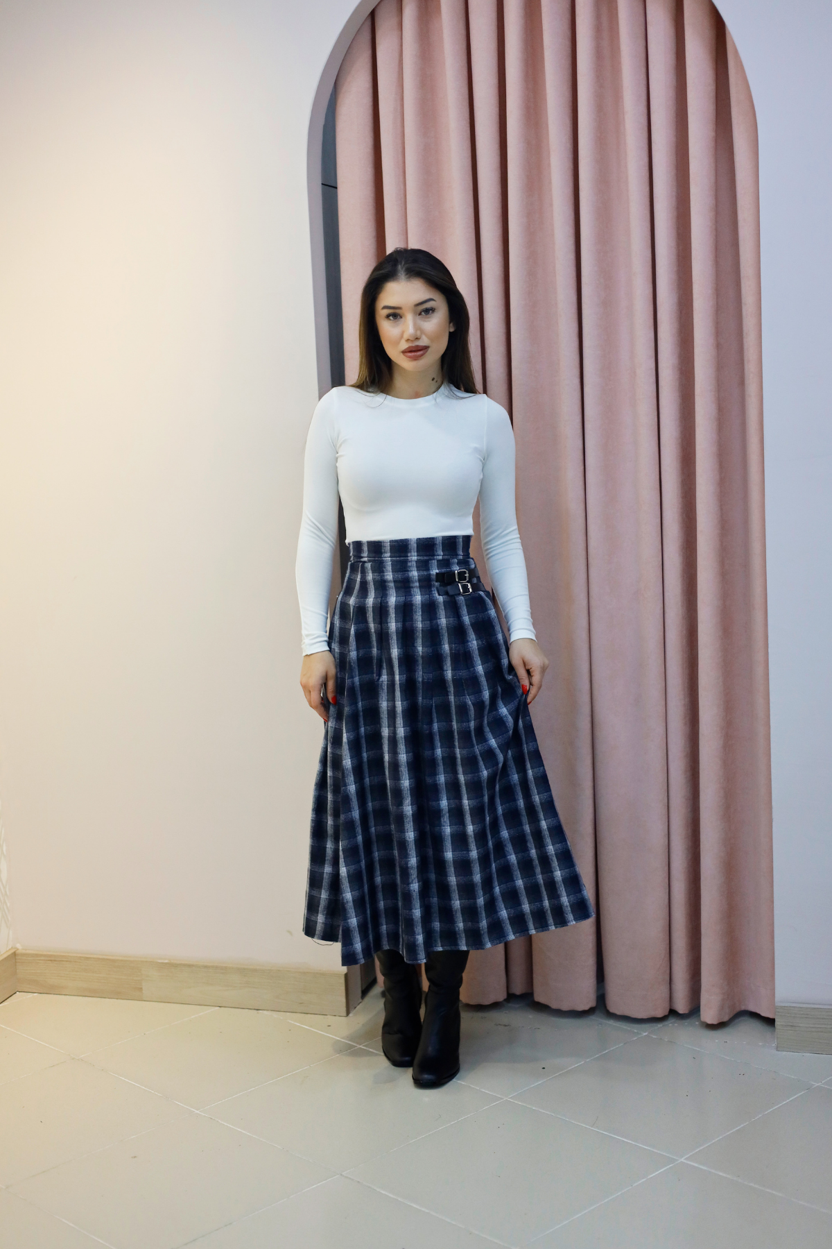 Yüksek Bel Kareli Midi Etek