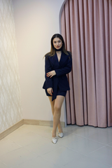 Lacivert Kuşak Detaylı Blazer Ceket Mini Etek Takım